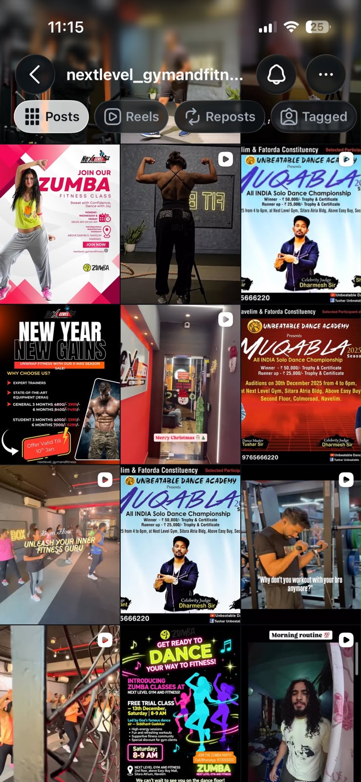 Next Level Gym Instagram feed before Flashlab's strategy